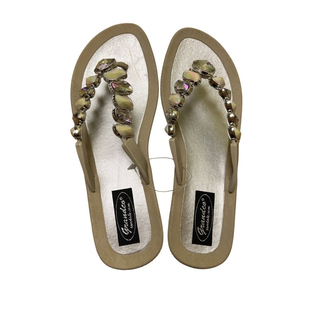 Womens Rhinestone Embellished Beige Flip Flops Sandals Size 9